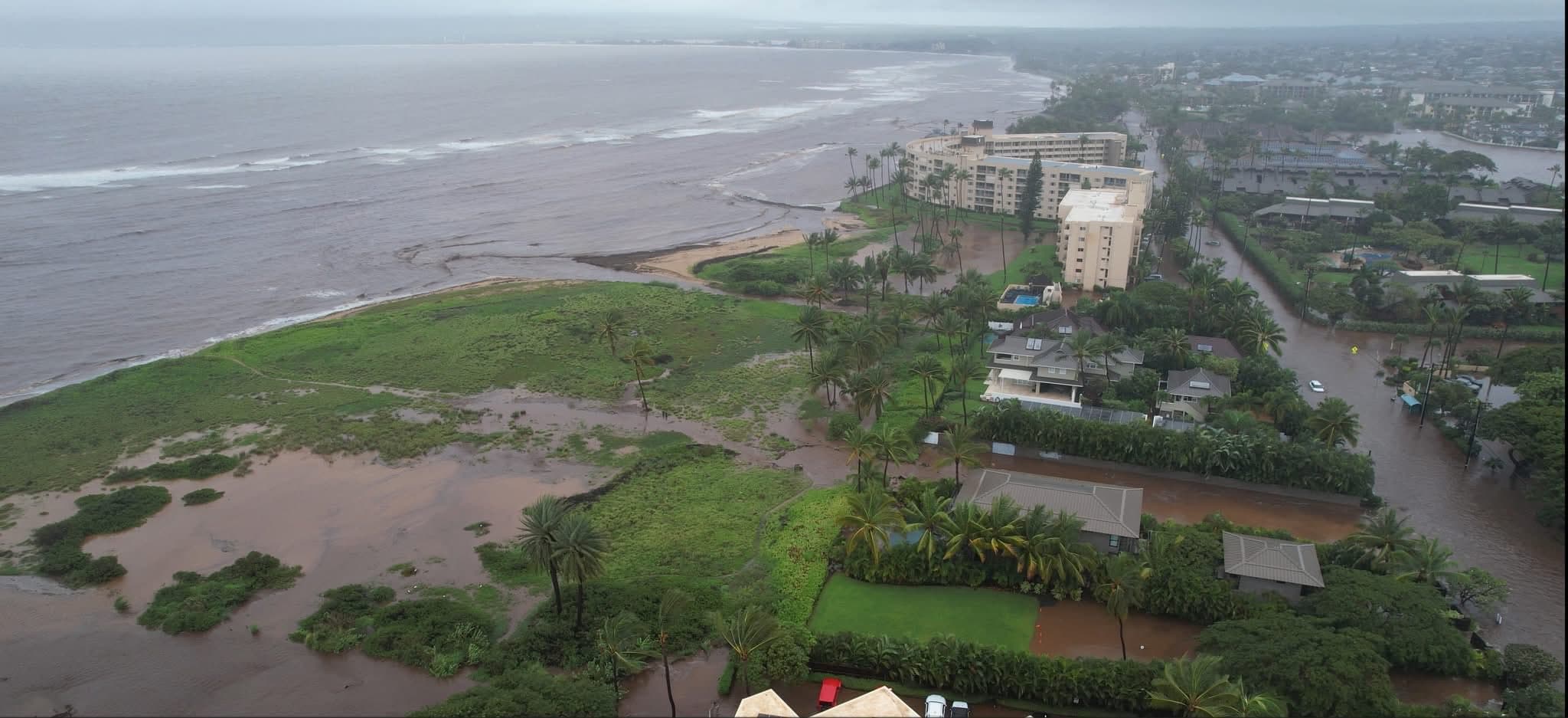 Aerial view of North Waiohuli under floodwater