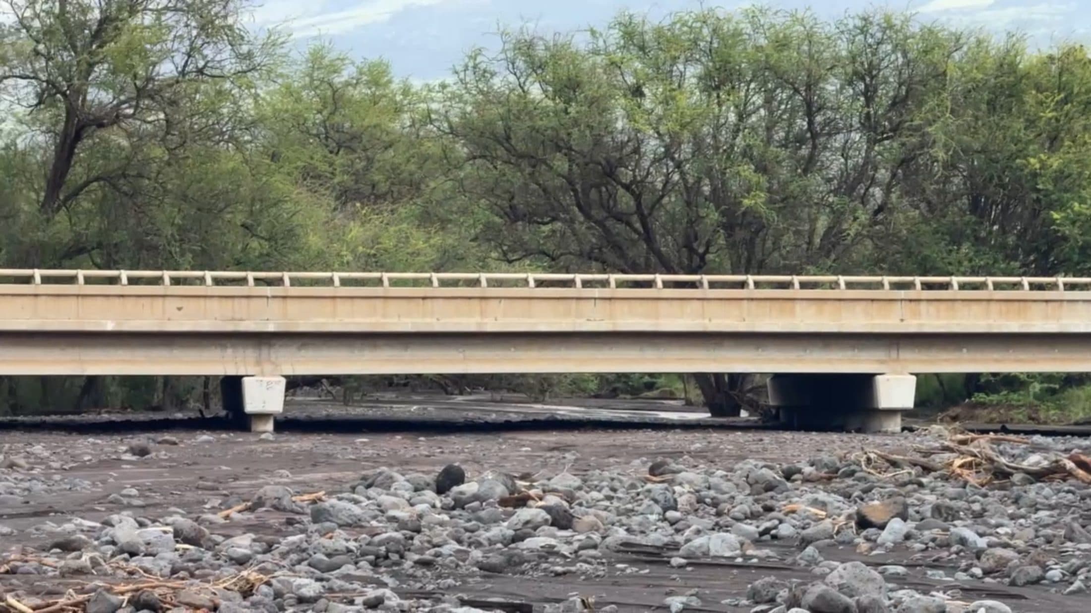 Debris and cobble deposited beneath the bridge after the storm