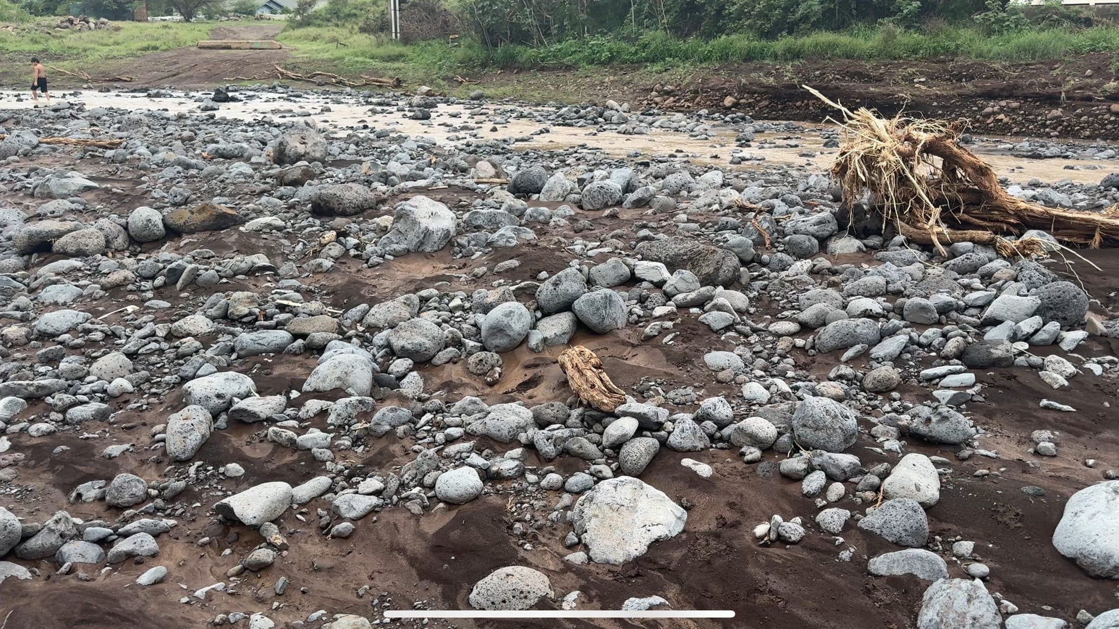 Field of rocks and uprooted debris left by the flood